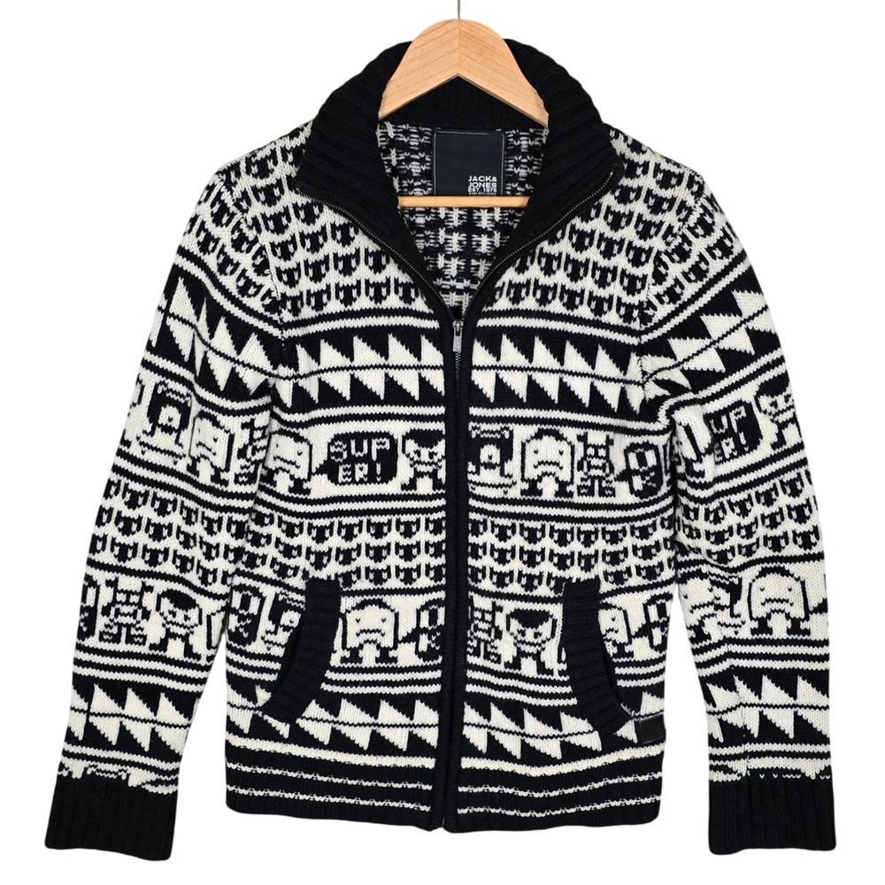 Jack & Jones Men's Indian Knit Monster Graphic Full Zip Sweater Black S